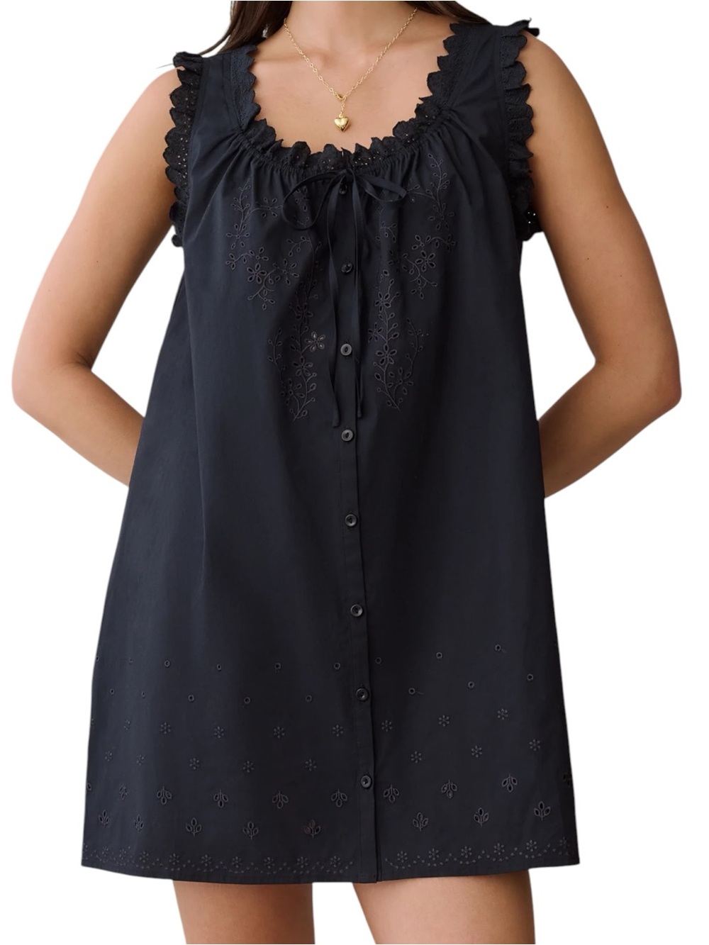 Sorella Few Moda Caroline Mini Dress Black Button-Front Eyelet Lace Trim NWT